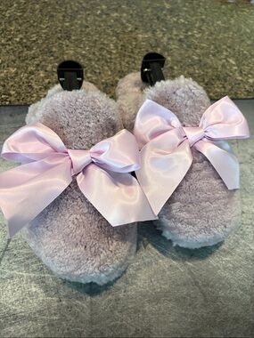 UGG Lilac Plush Slippers with Pink Satin Bows